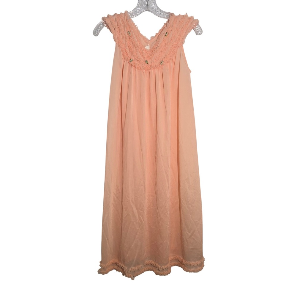 Vtg 70s M Peach‎ Ruffled Floral Sheer Feminine Embroidered Sleeveless Nightgown